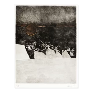 Frutos de duelo, luna roja, 1989. 76×56 cm, grabado: aguafuerte, punta seca y agua tinta.