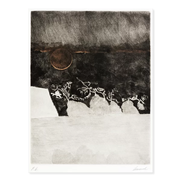 Frutos de duelo, luna roja, 1989. 76×56 cm, grabado: aguafuerte, punta seca y agua tinta.
