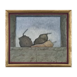 Tres frutas secas Nº 5, 1980. 48×57 cm, acrílico y óleo sobre lino y madera.